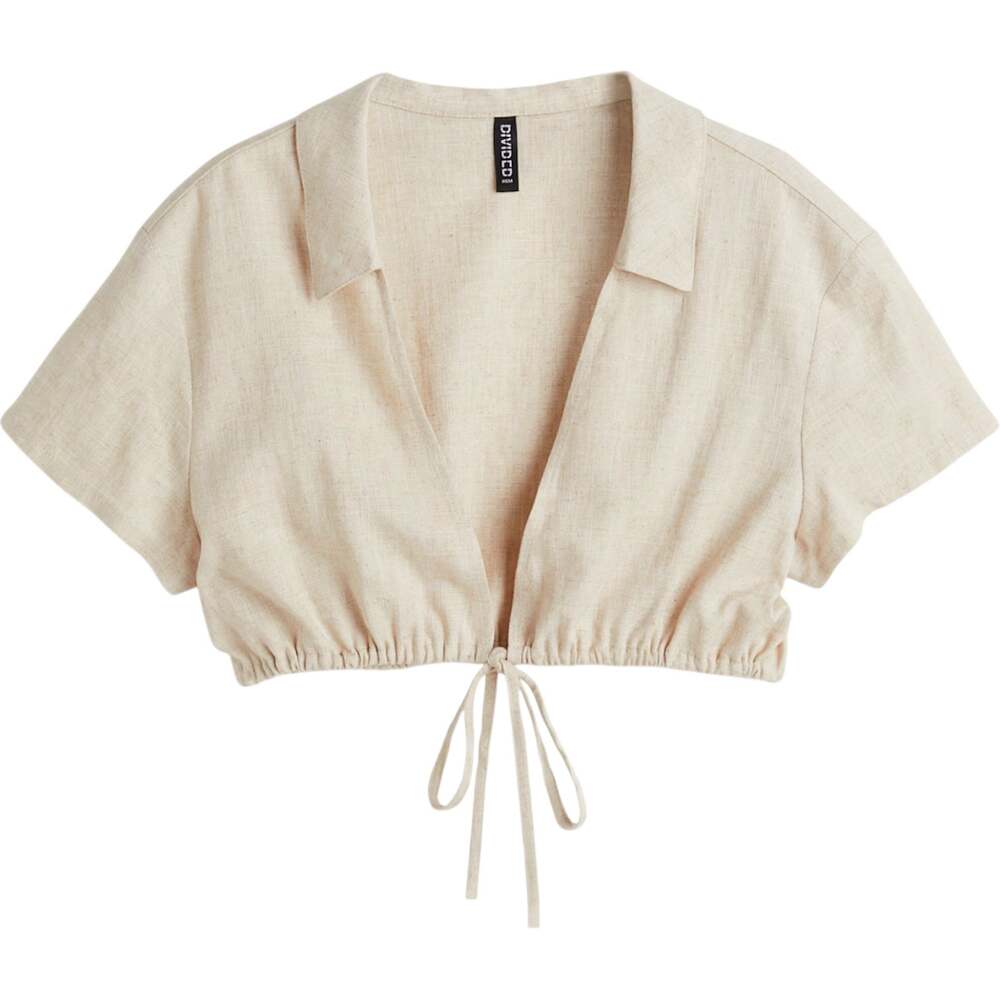 H&M Divided Cropped Drawstring-Hem Blouse Linen Crepe Collar Light Beige M